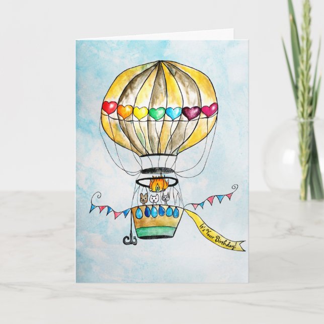 Birthday hot air balloon cute rainbow hearts cats card (Front)