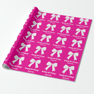Birthday hot pink bow white girl wrapping paper