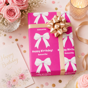 Birthday hot pink bow white girl wrapping paper