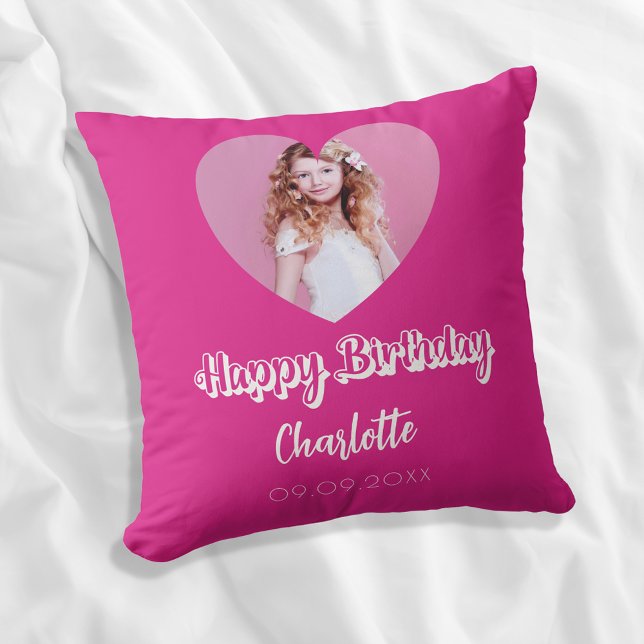 Birthday hot pink photo name script girl cushion (Creator Uploaded)