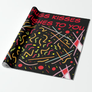 Birthday hugs kisses and wishes black white yellow wrapping paper