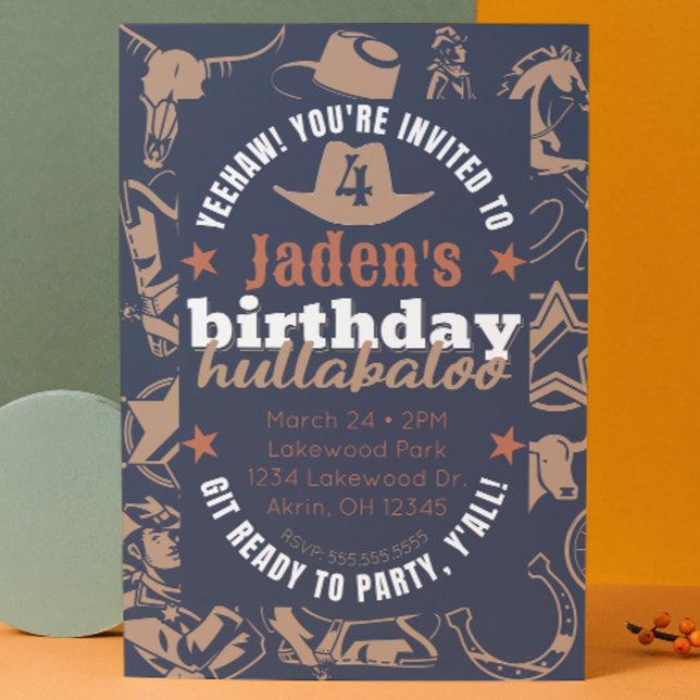 "Birthday Hullabaloo" Kid Cowboy Western Birthday Invitation (cowboy "birthday hullabaloo" party invitation customizable. blue and tan, western theme )