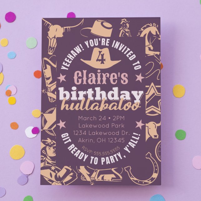 "Birthday Hullabaloo" Kid's Cowgirl Birthday Party Invitation (cowgirl birthday party invitation purple cowboy hat western theme "birthday hullabaloo) Cute modern )