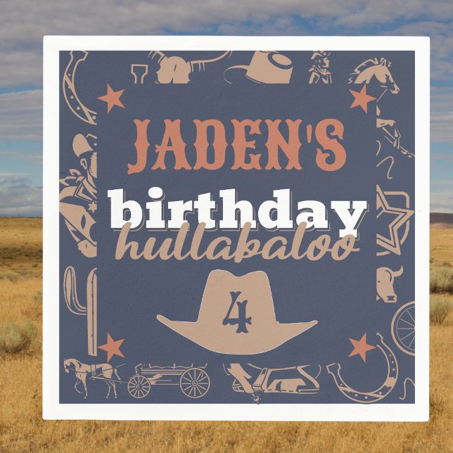 "Birthday Hullabaloo" Western Cowboy Party Napkin (cowboy western Wild West cowboy hat birthday hullabaloo party napkin blue white orange)