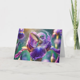 Birthday Hummingbird Splashing In an Iris Card