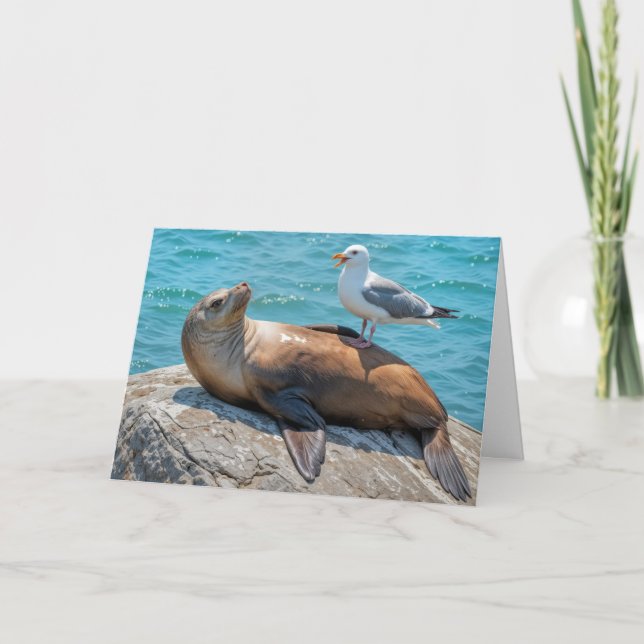 Birthday Humour Seagull Perched On a Sea Lion Card (Front)