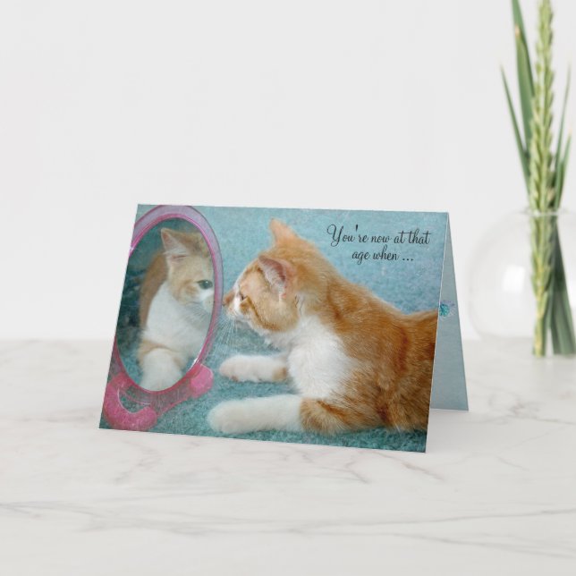 birthday humour-tabby cat looking in mirror card (Front)
