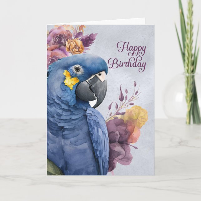 Birthday Hyacinth Macaw Parrot in Blue and Purple Card (Front)