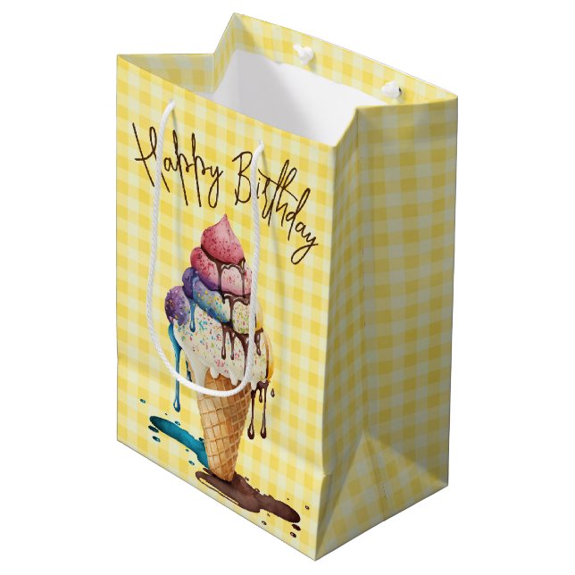 Birthday Ice Cream Cone On Gingham Medium Gift Bag (Front Angled)