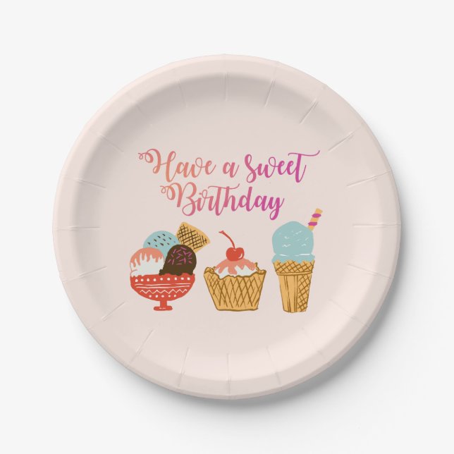 Birthday Ice Cream Illustration Paper Plate (Front)