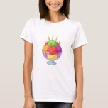 Birthday Ice Cream Sundae T-Shirt<br><div class="desc">A bright cartoon sundae in a clear glass dessert bowl,  piled high with colorful scoops in green,  red,  purple,  orange,  and yellow. Striped birthday candles sit on top with glowing flames,  while glossy highlights and smooth shading make the scoops look shiny and fun in a clean sticker-style illustration.</div>