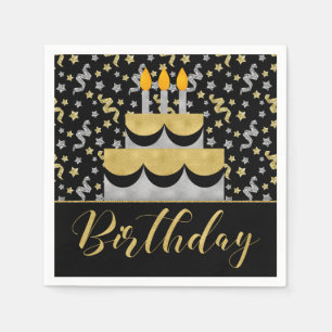 Birthday in Gold and Silver on Black Napkin