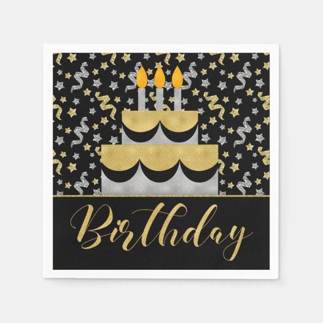 Birthday in Gold and Silver on Black Napkin (Front)