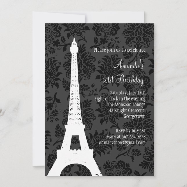 Birthday in Paris 21st (black) Invitation (Front)