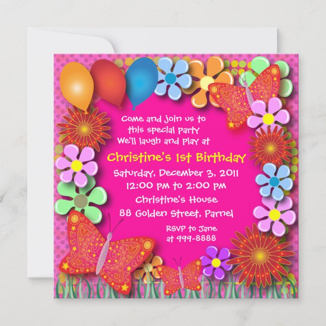 Birthday Invitation: 003B Butterflies and Flowers Invitation (Front)