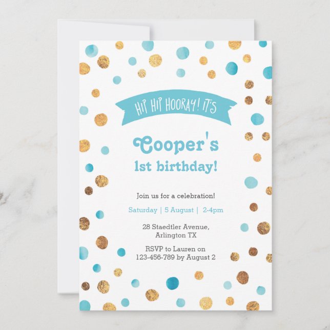 Birthday Invitation | Aqua Blue and gold confetti (Front)