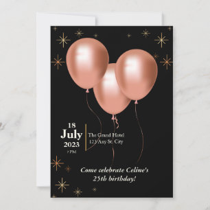 Birthday invitation-black with rose gold balloons  invitation