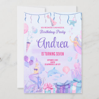 Birthday invitation card. Mermaid for Girls.Custom