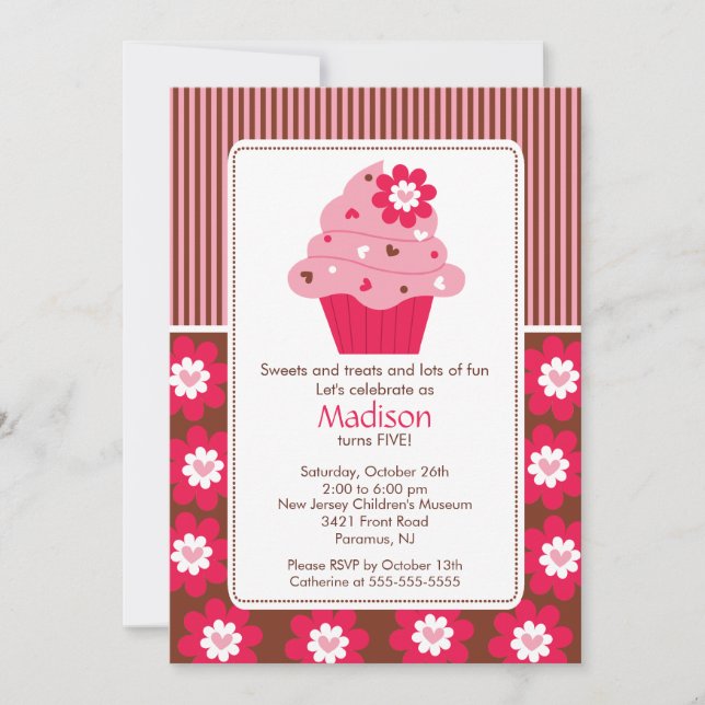 Birthday Invitation Cute Flower Cupcake Pink Brown (Front)