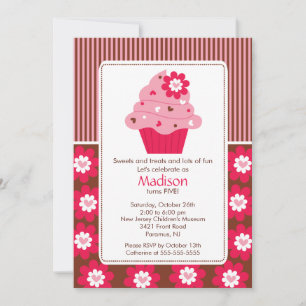 Birthday Invitation Cute Flower Cupcake Pink Brown