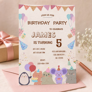 Birthday Invitation Cute Pastel Animal Kids Party