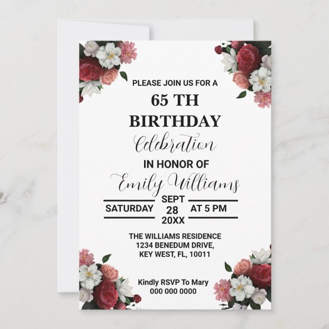 Birthday Invitation, EDITABLE Template, Women Flor Invitation (Front)