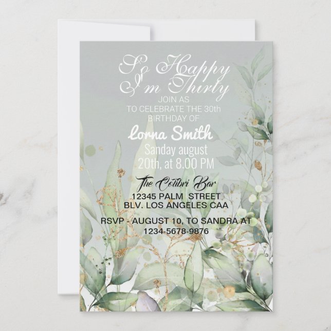 Birthday Invitation | Eucalyptus Greenery Watercol (Front)