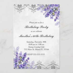 Birthday invitation floral lavender silver