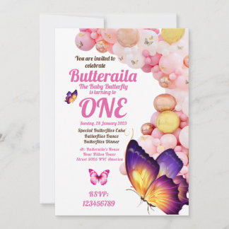 Birthday Invitation Flyer Butterfly Baby Pink