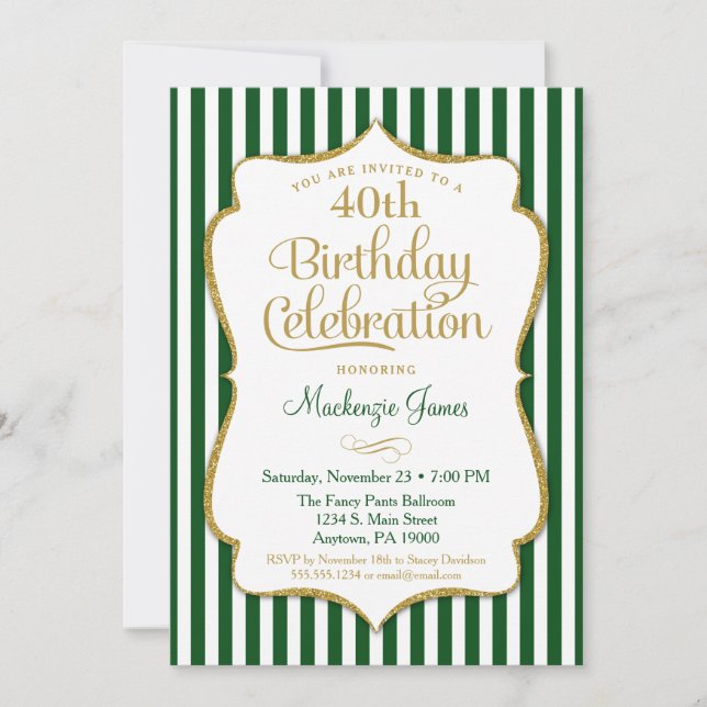 Birthday Invitation Hunter Green Gold Adult (Front)