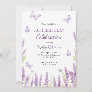 Birthday invitation in purple floral & butterfly