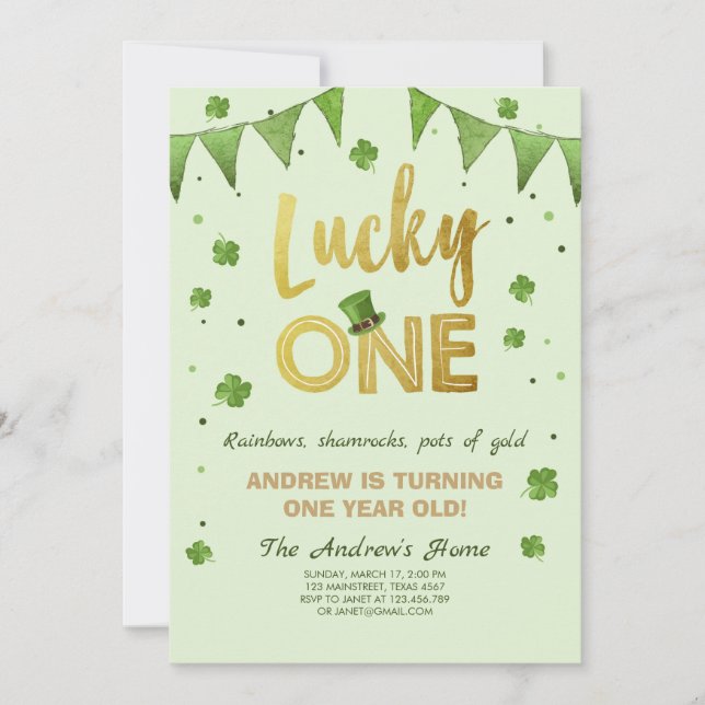 Birthday Invitation Lucky One First Birthday Gold (Front)