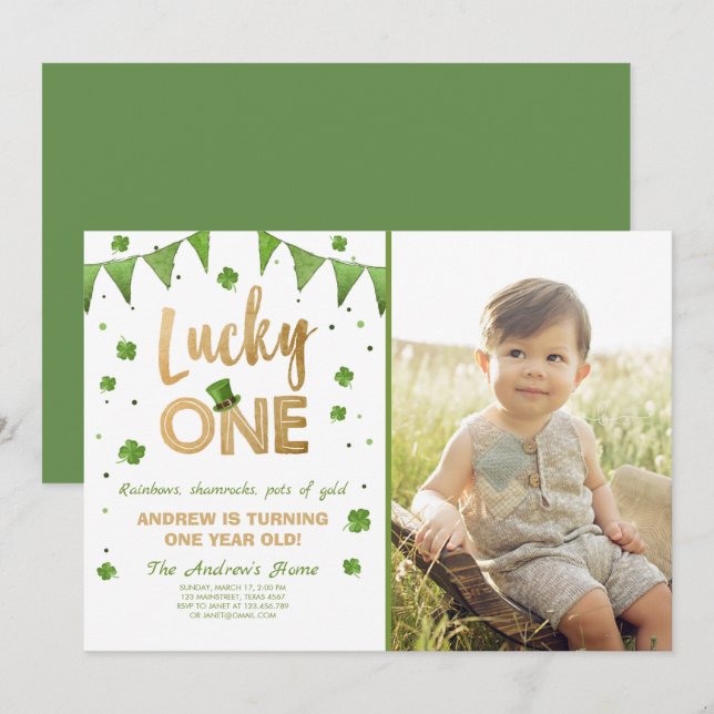 Birthday Invitation Lucky One First Birthday Gold (Front/Back)