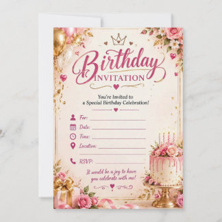 Birthday Invitation – Pink & Gold Floral Birthday 