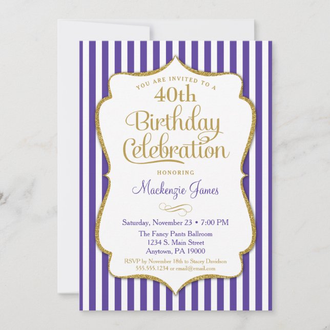 Birthday Invitation Purple Gold Adult White Stripe (Front)