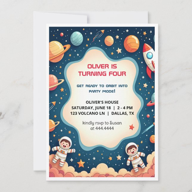 Birthday Invitation Space Boy Astronaut Flat Card (Front)
