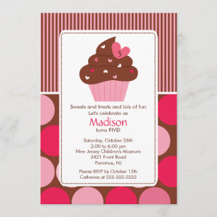 Birthday Invitation Sweet Heart Cupcake Pink Brown