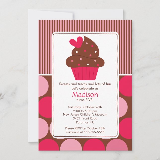 Birthday Invitation Sweet Heart Cupcake Pink Brown (Front)