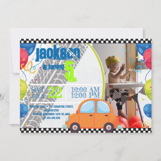 Birthday Invitation with Cars and tracks (Front)