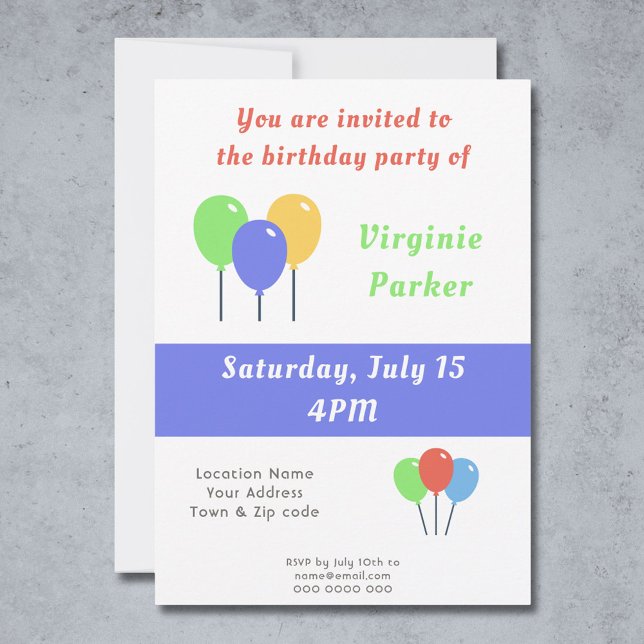 Birthday Invitation with Coloured Balloons (Birthday Invitation with Colored Balloons - Back)