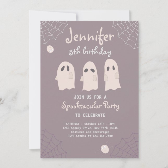 Birthday invitation with funny ghosts and spiders. (Front)