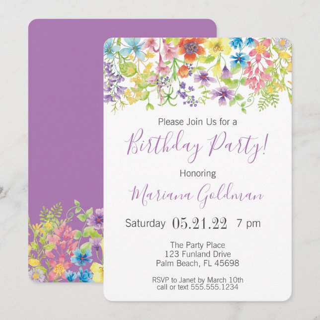 Birthday Invitations Purple Wildflowers Party (Front/Back)