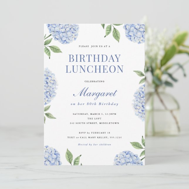 Birthday Invite, Classic Blue Hydrangea Flower Invitation (Standing Front)