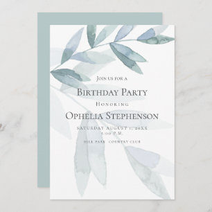 BIRTHDAY INVITE Dusty Blue Watercolor Eucalyptus