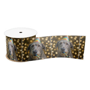 Birthday Irish Wolfhound Dog With Party Hat Satin Ribbon