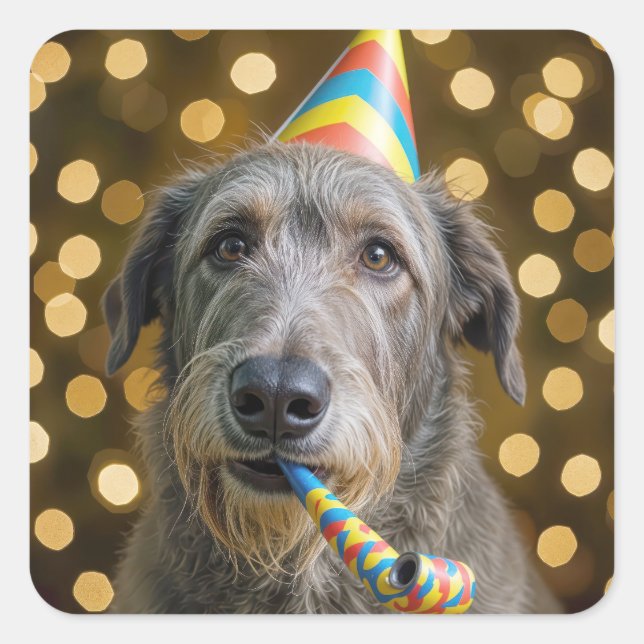 Birthday Irish Wolfhound Dog With Party Hat Square Sticker (Front)