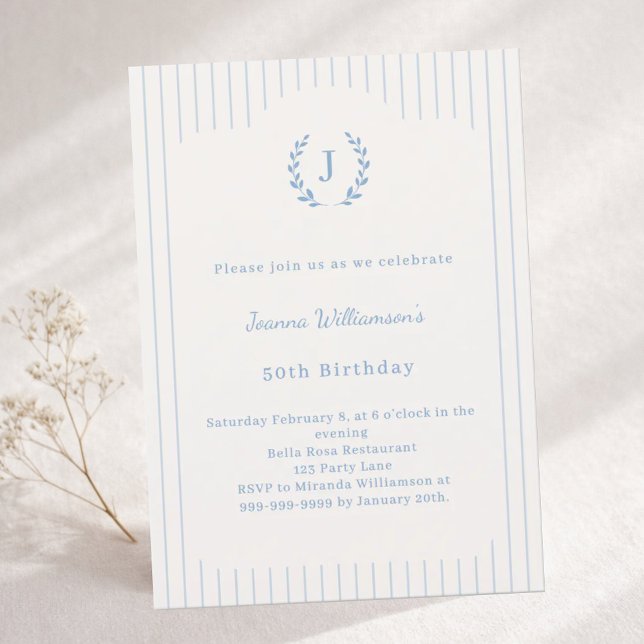 Birthday Ivory Dusty Blue Pinstriped Monogram Invitation (Creator Uploaded)