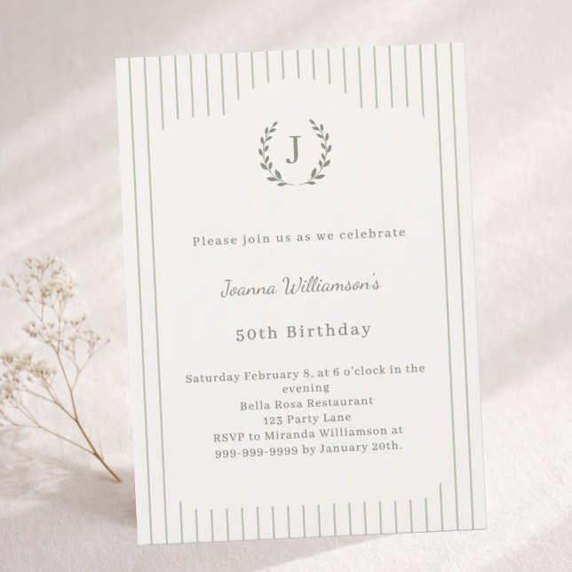 Birthday Ivory Sage Neutral Pinstriped Monogram Invitation (Creator Uploaded)
