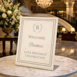 Birthday ivory taupe monogrammed elegant welcome pedestal sign