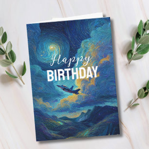 Birthday Jet Fighter Aeroplane Clouds Van Gogh Card